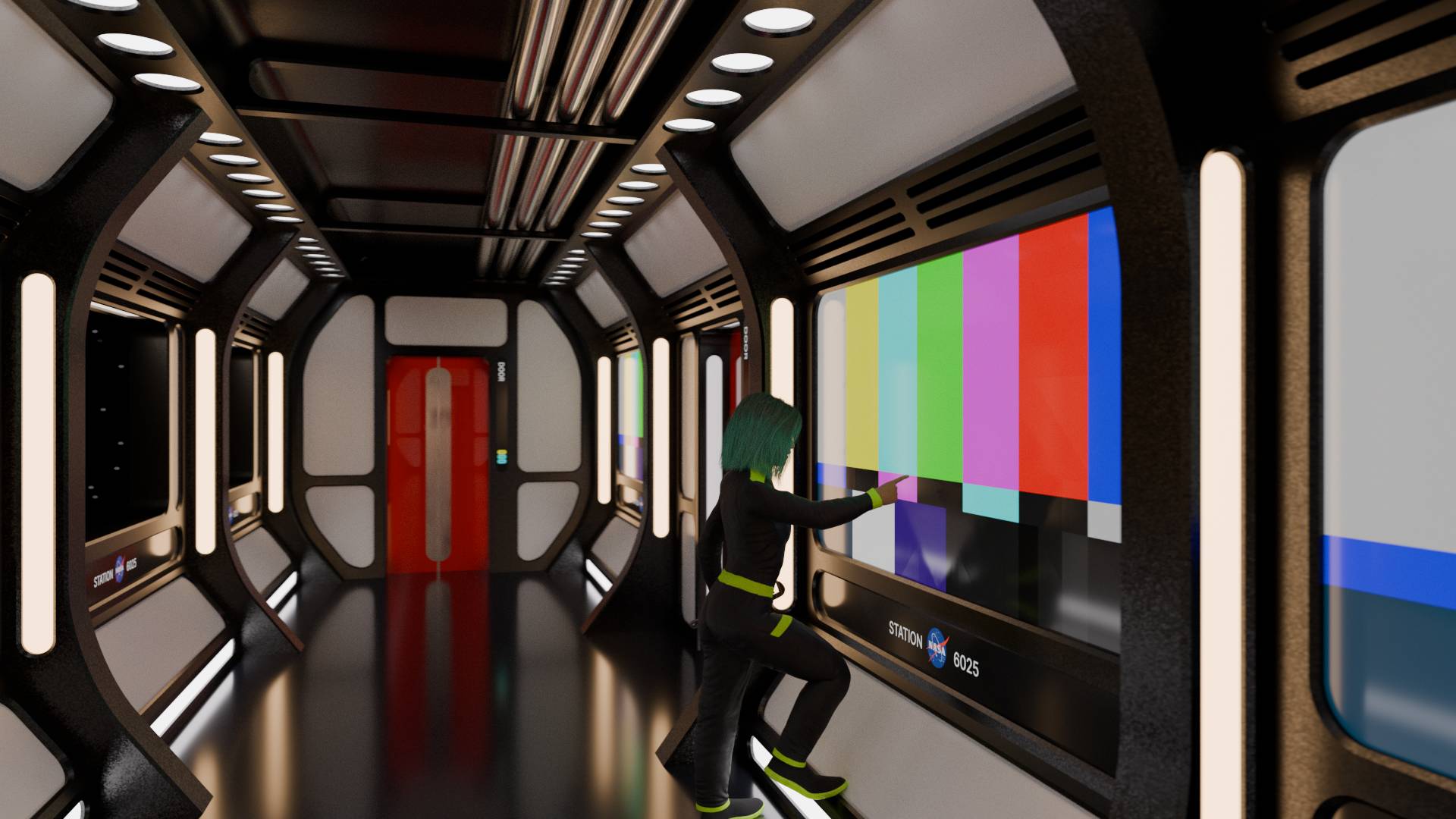 A 3D render of a hallway on a space station with a person working on a console