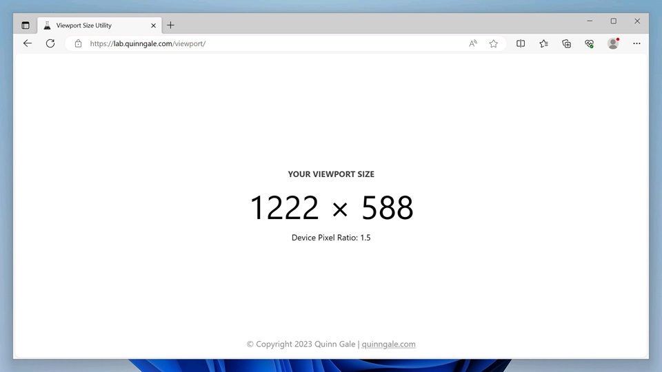 A screenshot of the web page that displays the viewport size